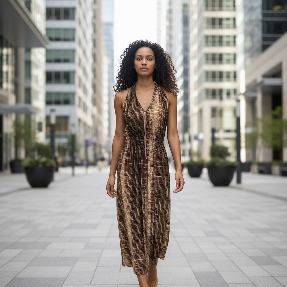 Seven Islands Brown Gold Metallic Abstract Wavy Halter Smocked Maxi Dress Large